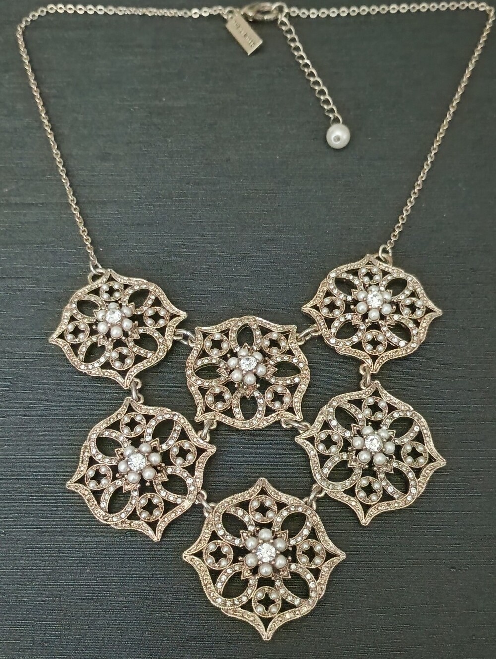 Vintage Filigree Pearl And Rhinestone Flower Statement Necklace By The Limited